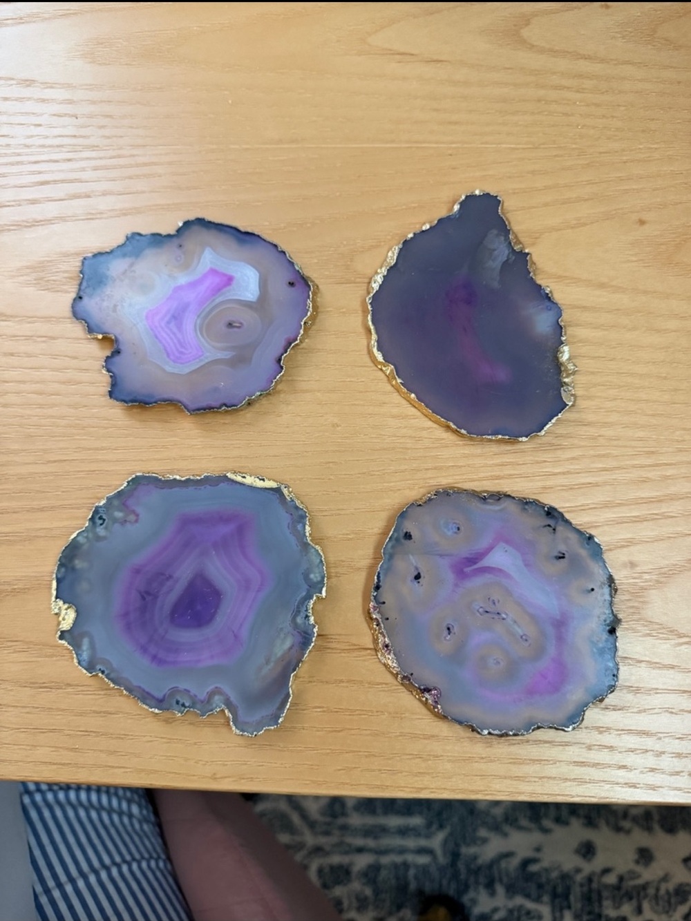 Set of 4 Blue/Purple Agate Coasters with Gold Rim